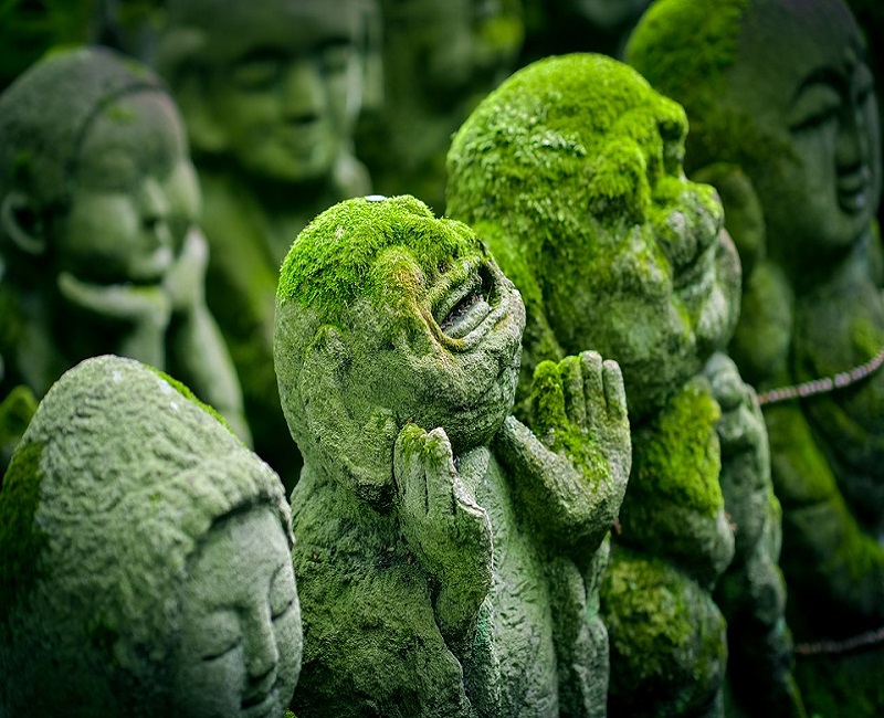 moss covered smiling buddha statues
