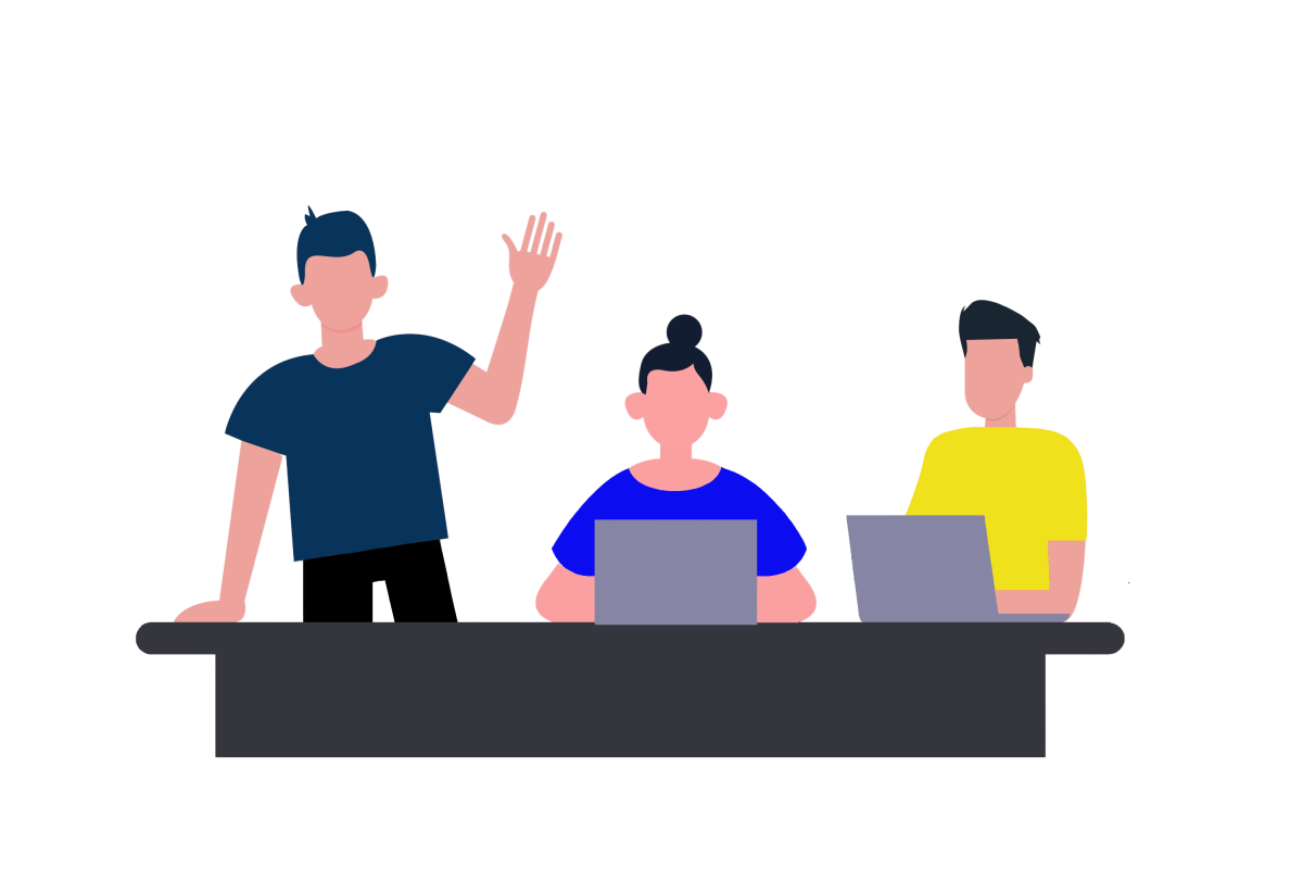 An illustration of two men and a woman working behind a desk, with the man on the left waving in welcome