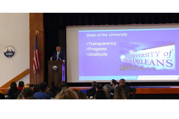President John Nicklow speaks to University of New Orleans faculty and staff during his biannual state of the university address on Tuesday, March 19. 