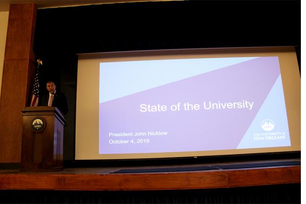 President Nicklow speaks during his biannual State of the University address before University of New Orleans faculty and staff Friday, Oct. 4, 2019.