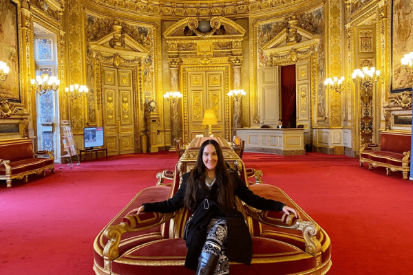 University of New Orleans graduate student Kathy Bradshaw takes a seat in the conference hall at the French Sénat in Paris.