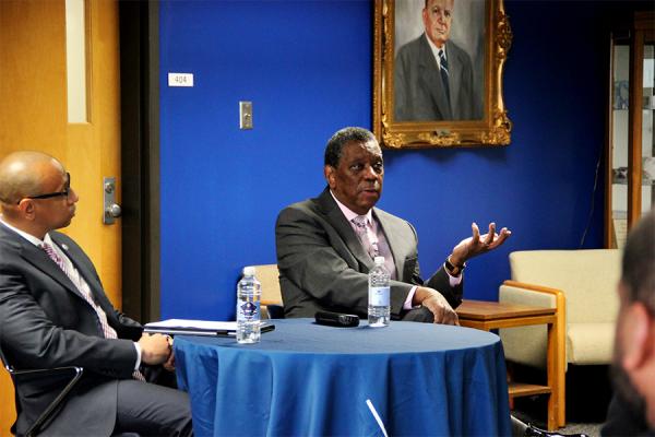 Raphael Cassimere Jr., University of New Orleans professor emeritus of history,(right) talks about his experiences in the civil rights movement.