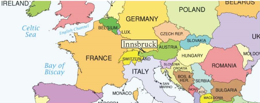 Map of Innsbruck in relation to Europe