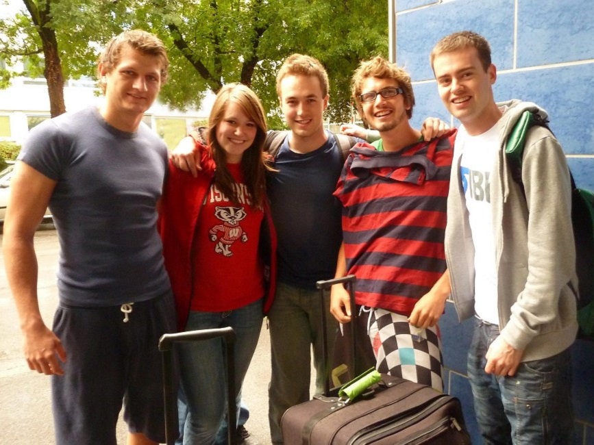 students outside dorm