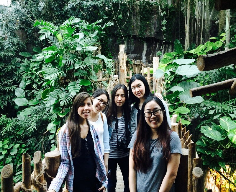 Students standing in front of jungle foliage at the Aquarium