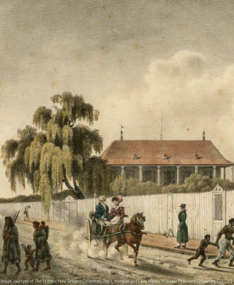 19th century lithograph depicting street scene in the Faubourg Marigny