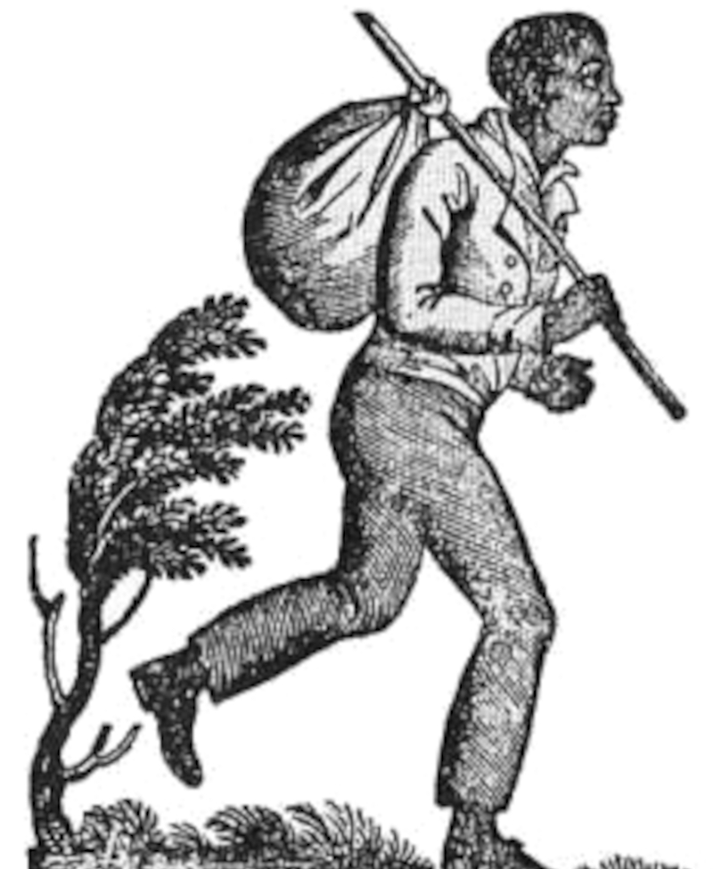 Etching of a person carrying a bindle walking past a bush