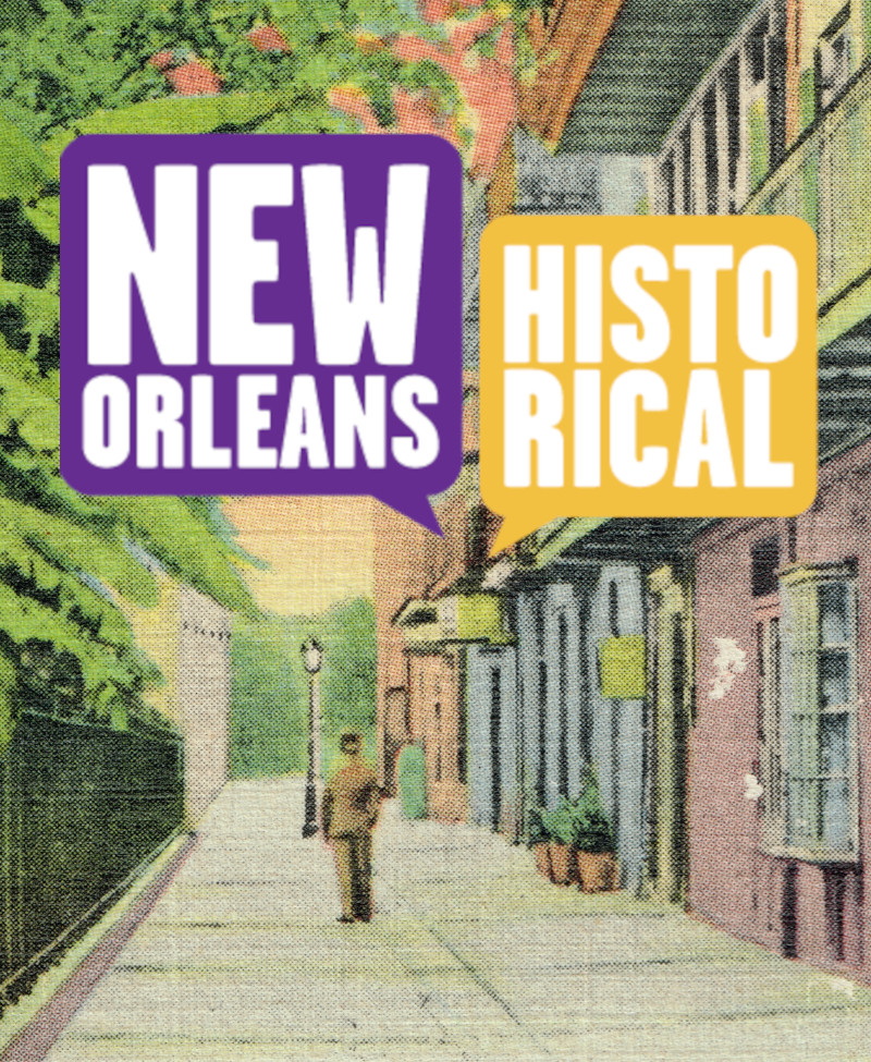 Vintage postcard of French Quarter Street with New Orleans Historical logo