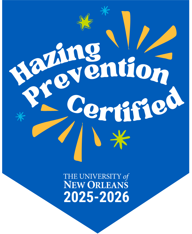 A badge displaying Hazing Prevention Certified 2025-2026 on a bright blue background with colorful confetti around the words for emphasis