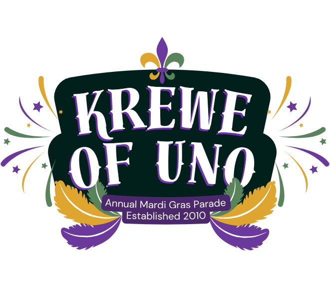Krewe of UNO logo with purple, green, and gold confetti