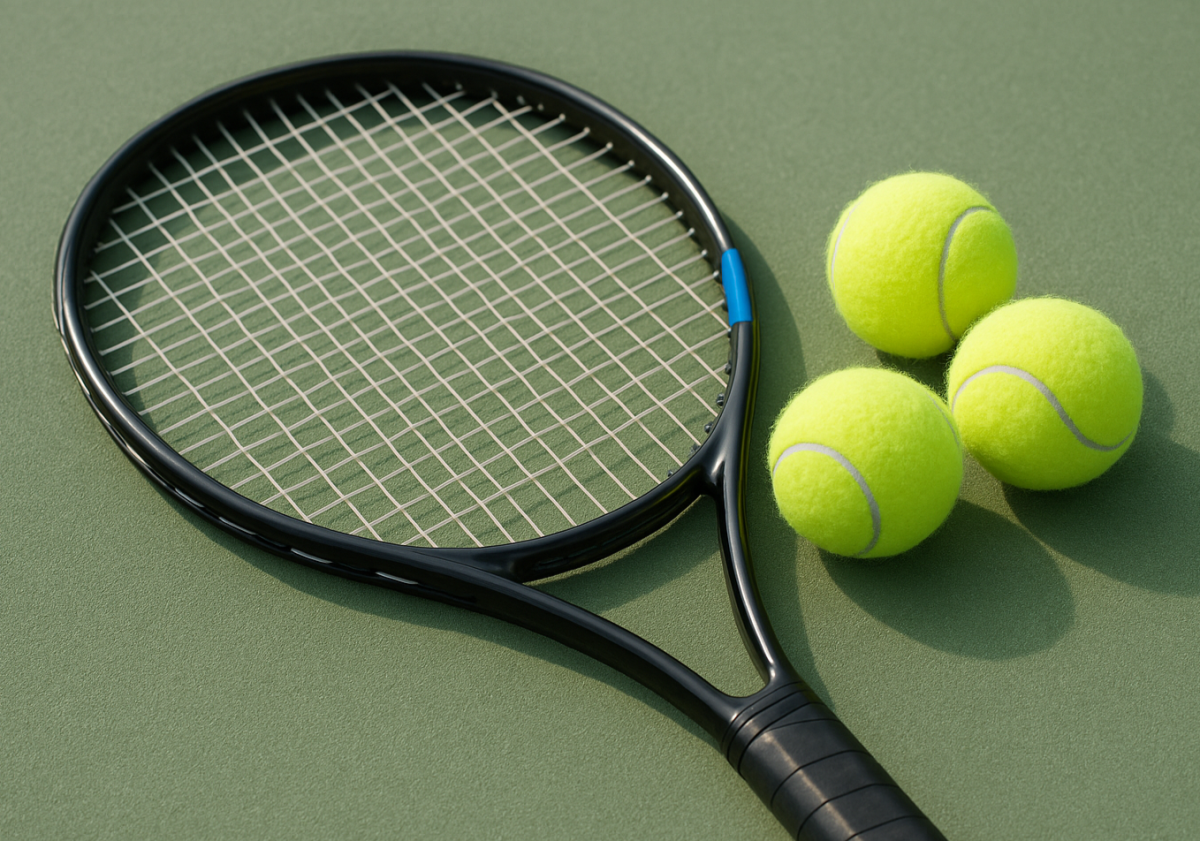 Close-up of a black tennis racket and three bright yellow tennis balls resting on a green court surface.