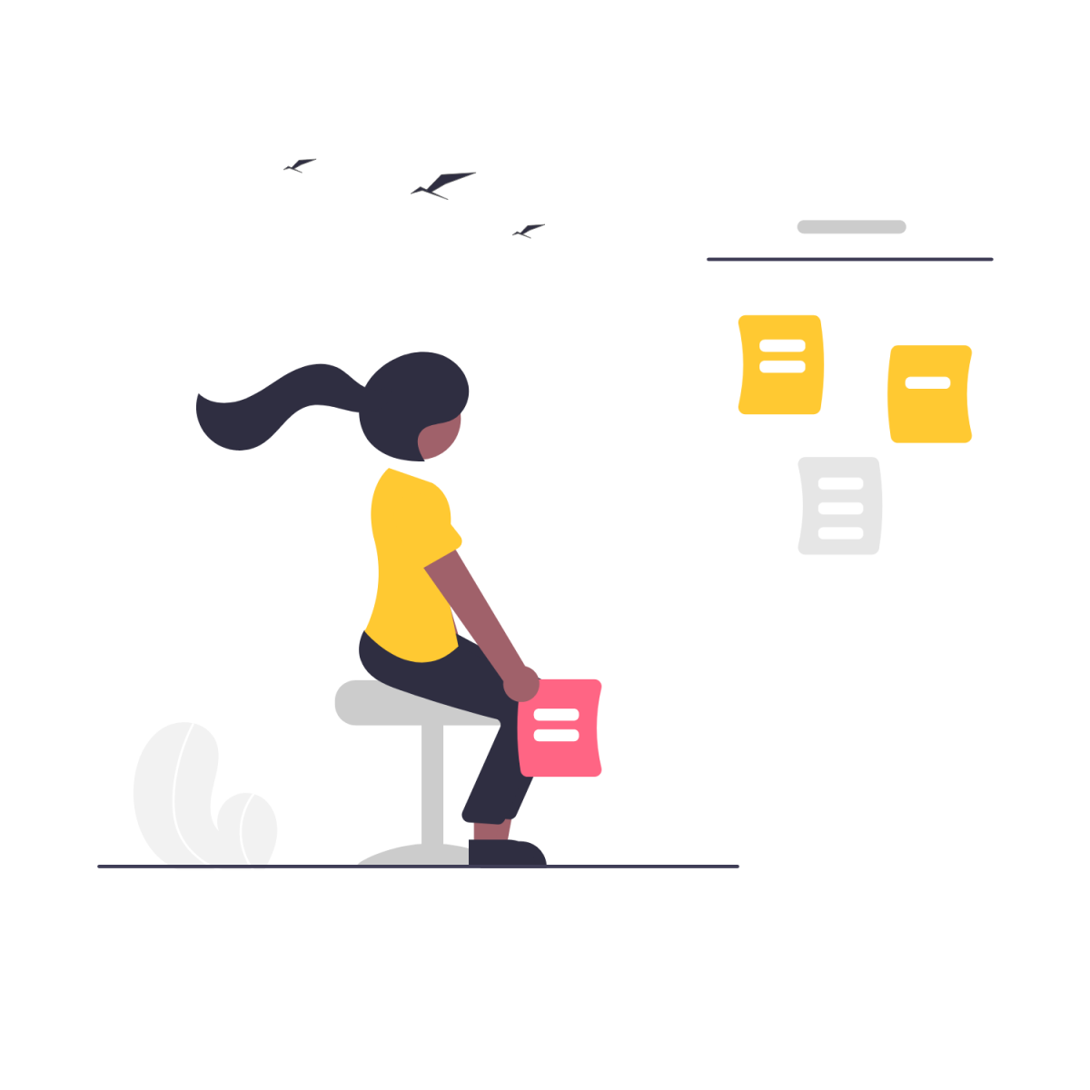 Freeicon.io illustrated image of woman sitting with several papers floating in front of her