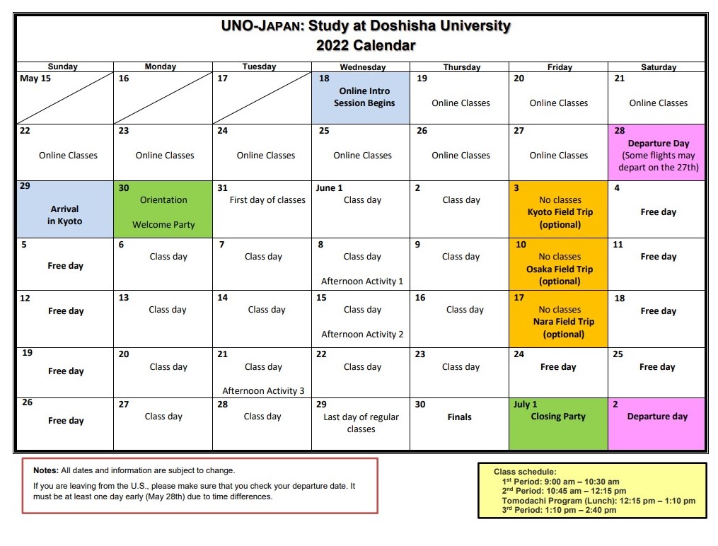 UNO-Japan 2022 Program Calendar