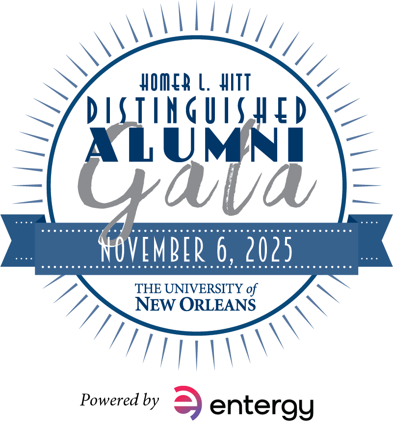Logo for the Homer L. Hitt Distinguished Alumni Gala hosted by the University of New Orleans on November 6, 2025. The circular design features navy and silver text with a decorative ribbon banner across the center. The Entergy logo appears at the bottom as a sponsor.