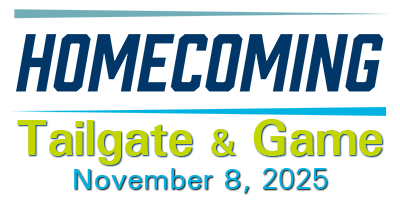 Graphic reading “Homecoming Tailgate & Game, November 8, 2025” in bold blue and green text, promoting the University of New Orleans Homecoming celebration.