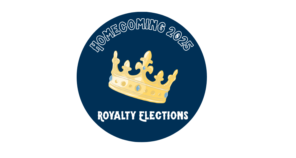 Circular graphic for “Homecoming 2025: Royalty Elections.” The center features a golden crown adorned with blue jewels on a dark blue background.