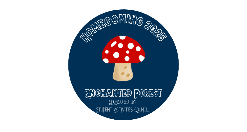 Circular graphic for “Homecoming 2025: Enchanted Forest,” sponsored by the Student Activities Council. The center features a red mushroom with white spots and a beige stem on a dark blue background.