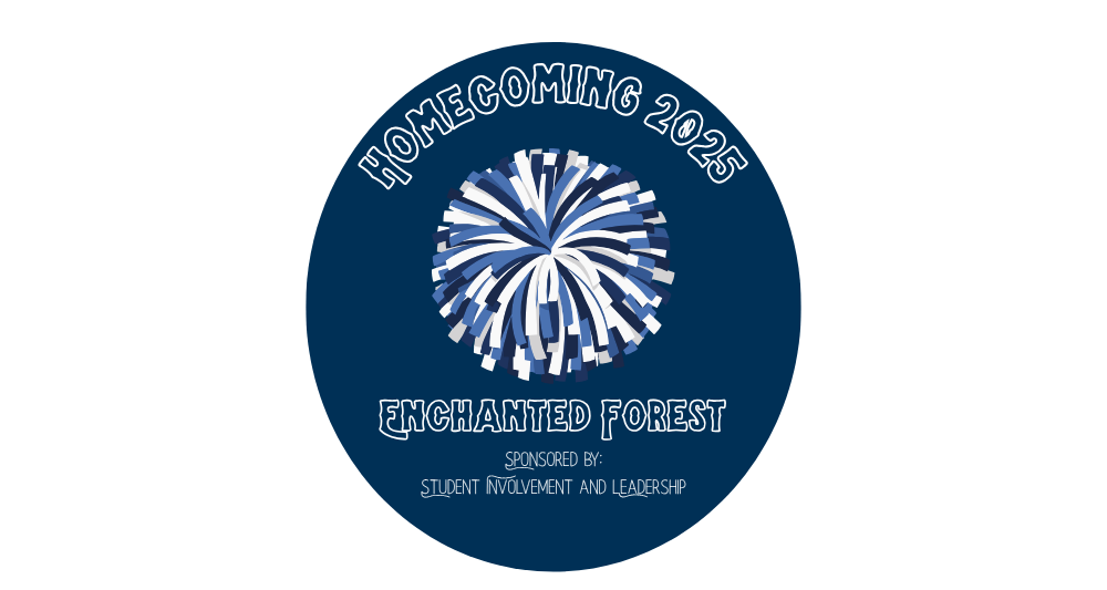 Circular graphic for “Homecoming 2025: Enchanted Forest,” sponsored by Student Involvement and Leadership. The center features a blue and white pom-pom on a dark blue background.