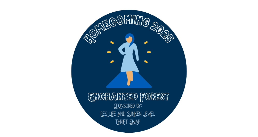Circular graphic for “Homecoming 2025: Enchanted Forest,” sponsored by Res Life and Sunken Jewel Thrift Swap. The center features a stylized figure in a blue dress posing confidently on a runway with small yellow accent lines, set against a dark blue background.
