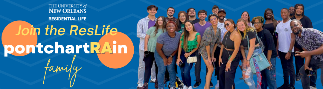 Group shot of the Res Life team with words "Join the Pontchartrain Family"