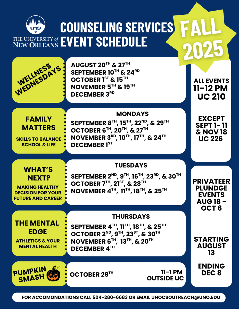 Schedule of Counseling Services events for the fall semester
