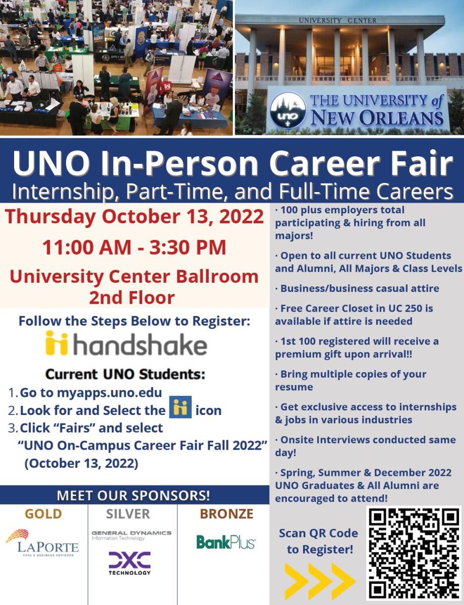 UNO In Person Career Fair, Thursday, October 13, 2022 11am - 3:30pm, Register Now