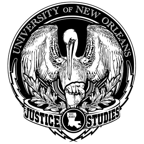Justice Studies program art featuring a university shield, pelican, and power fist