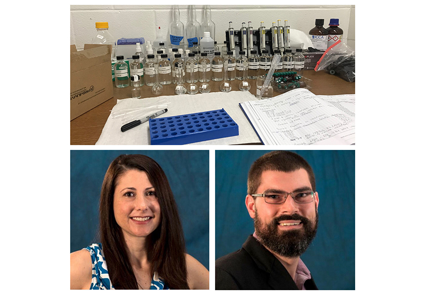 UNO chemistry professors Phoebe Zito and David Podgorski test ethanol content of hand sanitizers made by New Orleans distilleries.