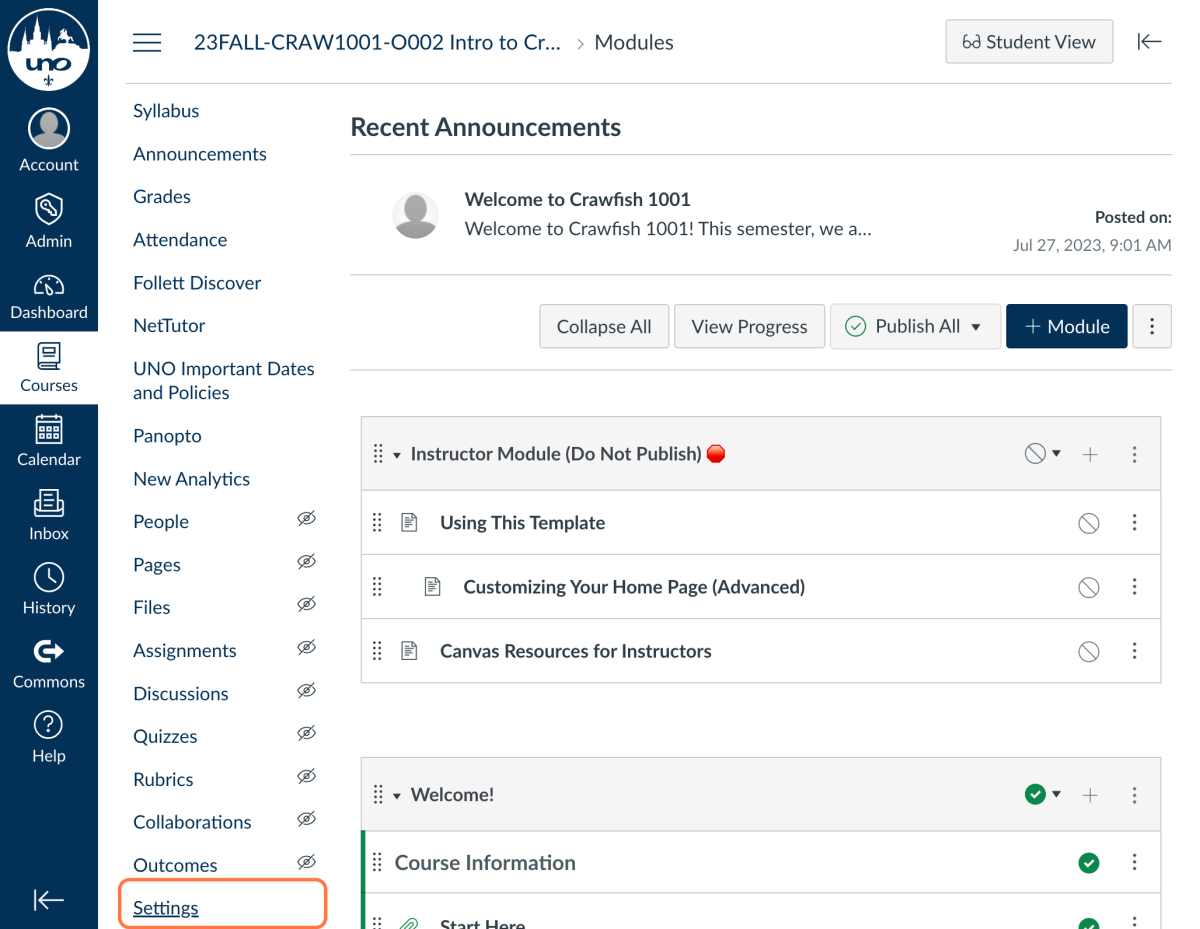 Canvas Course Navigation Menu with Settings highlighted