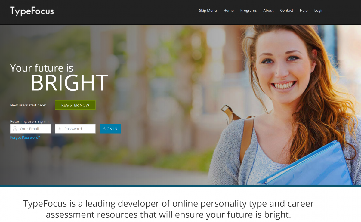 Image of TypeFocus Home Screen with Log In Options and Picture of Female College Student smiling and holding a binder