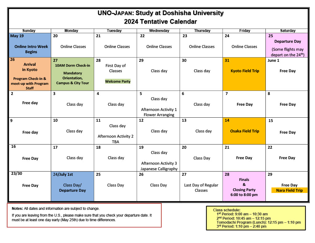 UNO-Japan 2024 Program Calendar