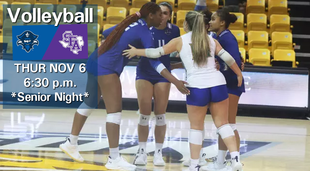 Promotional image for UNO Volleyball’s Senior Night game against Stephen F. Austin State on Thursday, November 6 at 6:30 p.m. The image shows the Privateer volleyball team huddled on the court in blue and white uniforms, with team logos and event details overlaid on the left side.