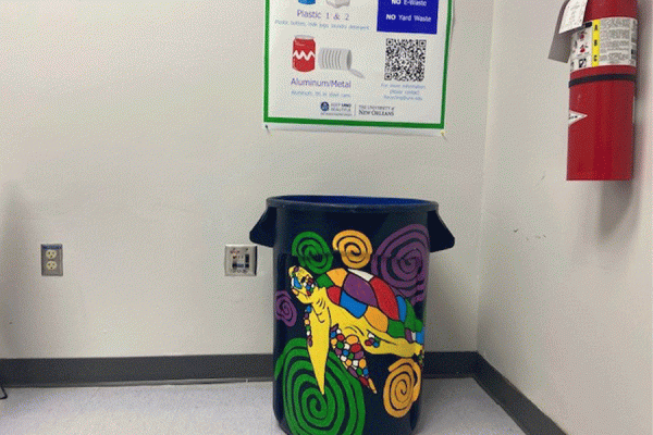 UNO is the recipient of a University Affiliate Grant from Keep Louisiana Beautiful to expand on-campus recycling. Recycling bins, like the one pictured, are painted with environmental art to make them stand out from landfill trash cans.