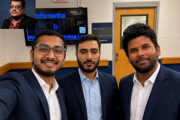 Photo of students Abdullah Naeem, Anav Katwal, Ayon Dey, and professor Md Tamjidul Hoque