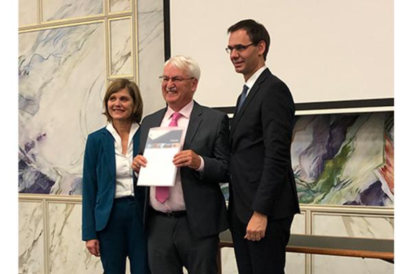 Center Austria director Guenter Bischof (center) received the "Scholar of the Year Award” from the Austrian state of Vorarlberg during a ceremony earlier this month in Bregenz, Austria with Markus Wallner (right), governor of Vorarlberg, and Lt. Gov. Barbara Schoebi-Fink.