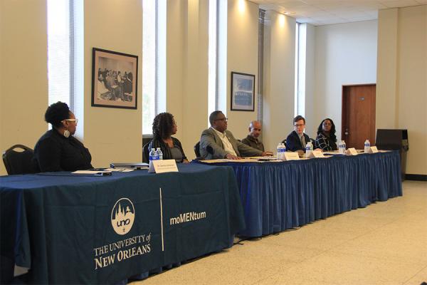 A panelist of mental health professionals discuss ‘Mental Health in the Black Community’ during a forum at the University of New Orleans sponsored by the campus organization, moMENtum.