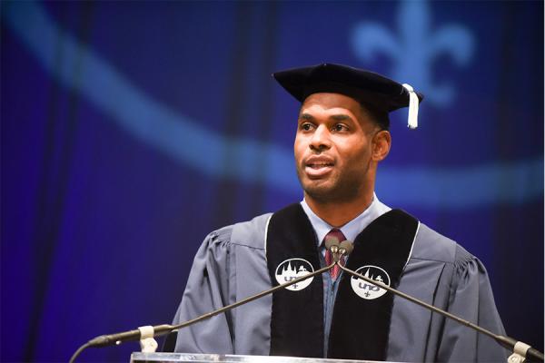 Entrepreneur and former New Orleans Saints star receiver Marques Colston was the commencement speaker at the University of New Orleans on Friday, Dec. 13, 2019.