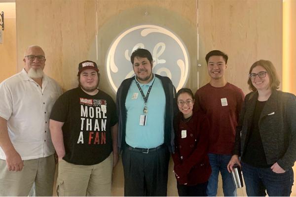 University of New Orleans computer science students visit GE. Pictured, left to right, are computer science professor Chris Summa, students Edward Barranco, Albert Lambert, Christina Bui, Kevin Ly and student success specialist Sam Hoyt.