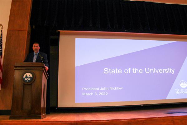 President Nicklow speaks during his biannual State of the University address before University of New Orleans faculty and staff.