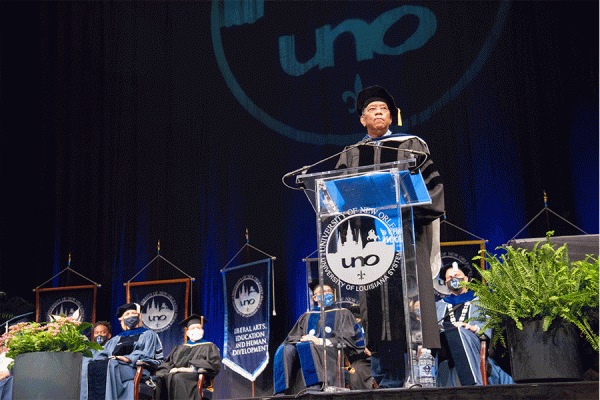 Raphael Cassimere Jr., an emeritus professor of history and civil rights leader, was the principal speaker at the University of New Orleans spring 2021 commencement ceremonies.