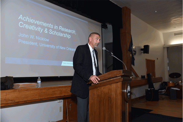 President John Nicklow announced winners during the annual Achievements in Research, Creativity, and Scholarship awards ceremony held Wednesday.