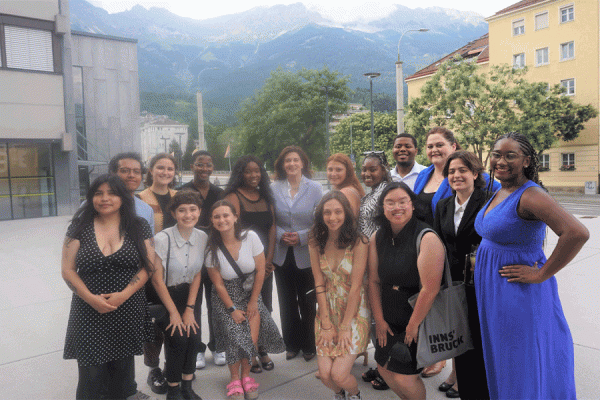 The University of New Orleans’ flagship study abroad program in Austria is the University’s largest and oldest study abroad program. The 2022 UNO-Innsbruck Global Ambassadors pictured with Victoria Reggie Kennedy, the U.S. Ambassador to the Republic of Austria(center).  