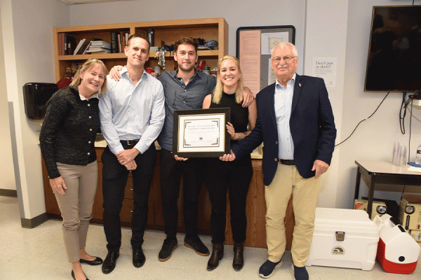 Melanie Boulet, Alexander Bischof, Marcus Bischof, Andrea Bischof and Günter Bischof gather at an Oct. 26 retirement party for the longtime UNO history professor. 