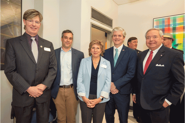 (from left) Samuel Gladden, dean of the College of Liberal Arts, Education and Human Development; Marc Landry, assistant professor of history; President Kathy Johnson; Jean Paul Lagarde, Austria’s Honorary Consul in New Orleans, and Philip D. Lorio II, Austria’s former Honorary Consul in New Orleans, attend the Deutsches’ room dedication ceremony.