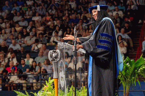 College sports executive and University of New Orleans alumna Kiki Baker Barnes gave the commencement address at the University’s spring 2024 commencement ceremony held Thursday, May 9.