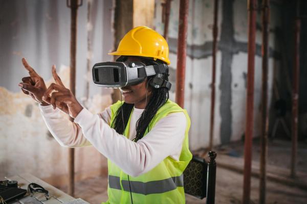 Stock photo of a woman wearing a VR headset, a hard hat, and a hi-vis vest on a construction site